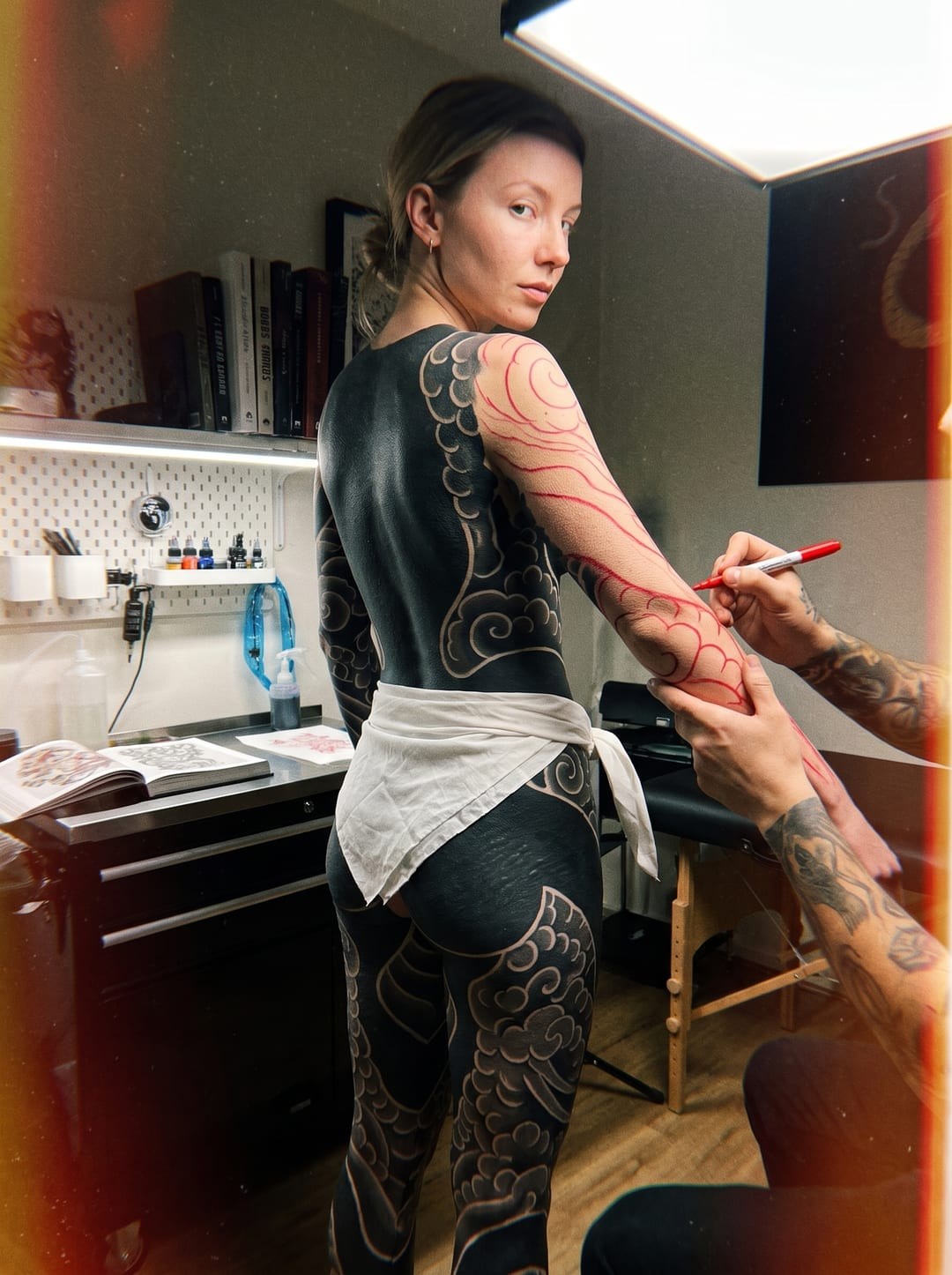Studio editorial — full blackout suit. #blackout #tattooart
