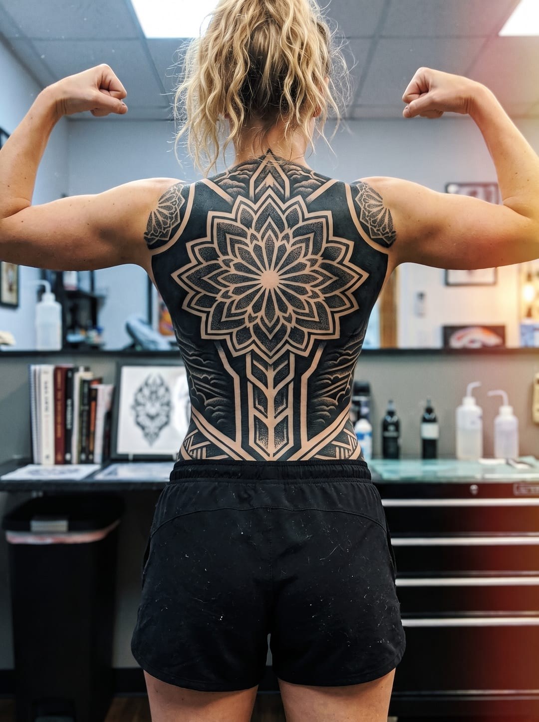 Geometric blackwork bodysuit — pattern detail. #geometrictattoo #blackwork